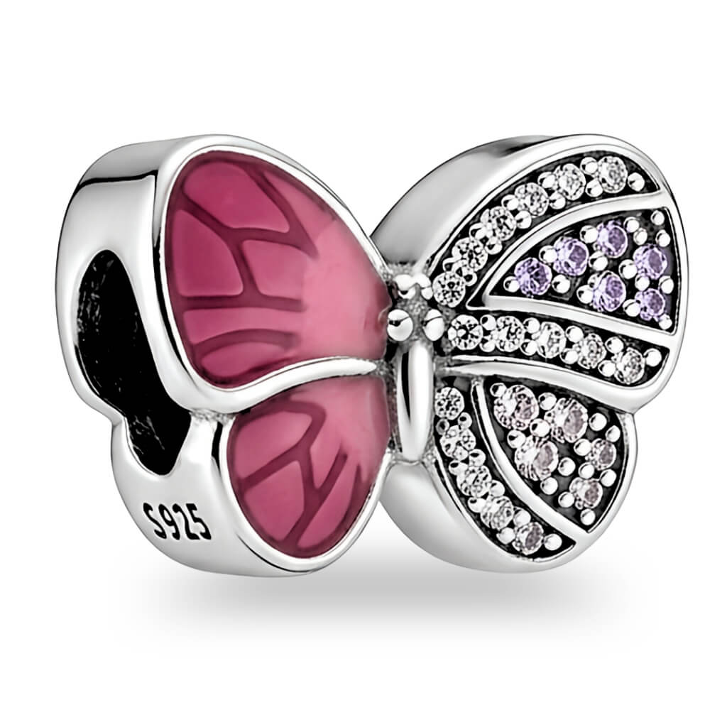 Berloque Borboleta com Esmalte Rosa e Zircônias