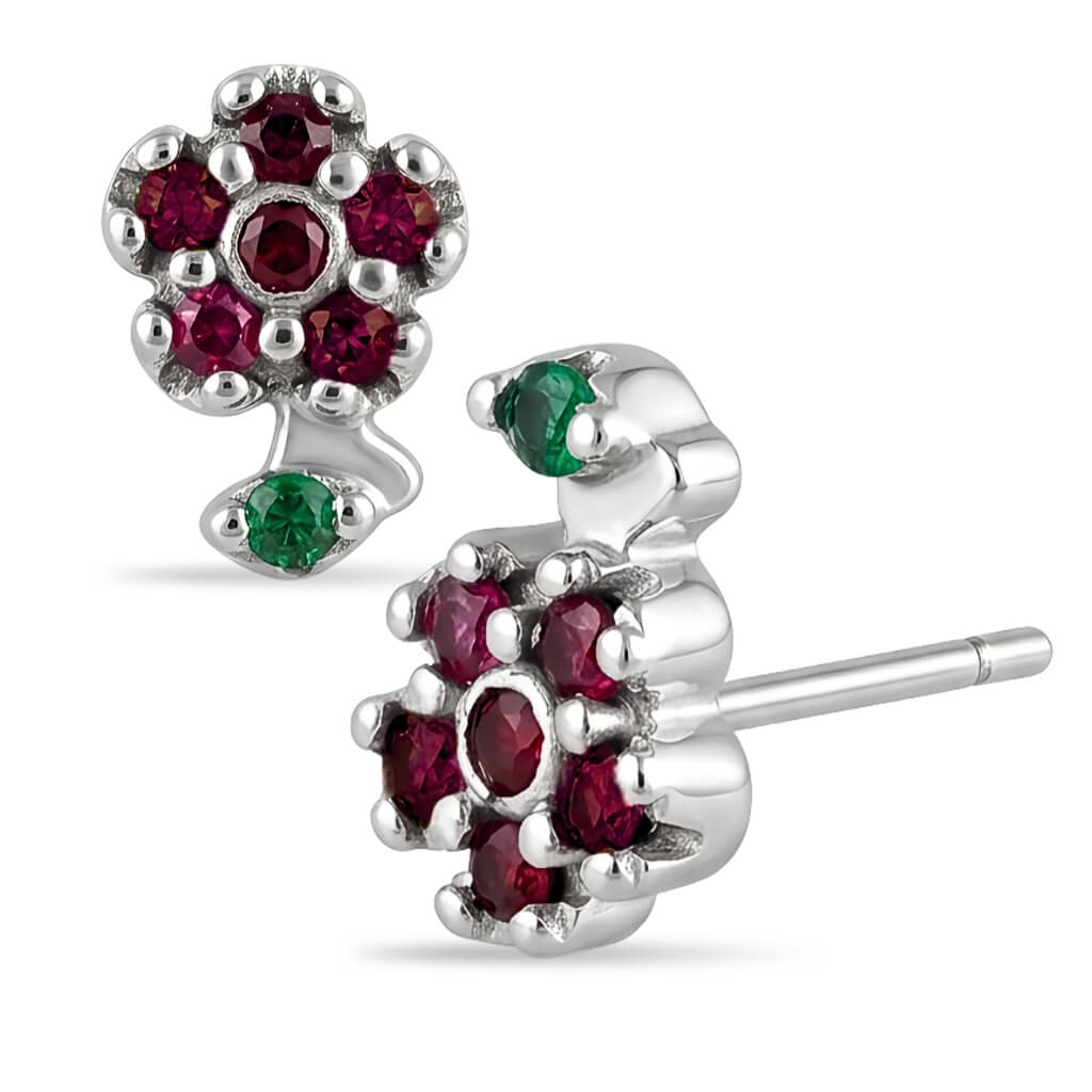 Brincos de Flor com Pedras de Zircônia Vermelha e Verde
