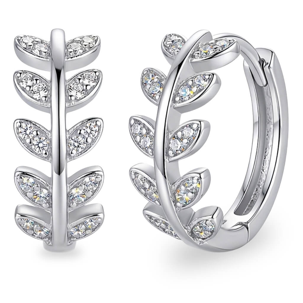 Brincos Argola de Prata Design Folha Cravejada Grande