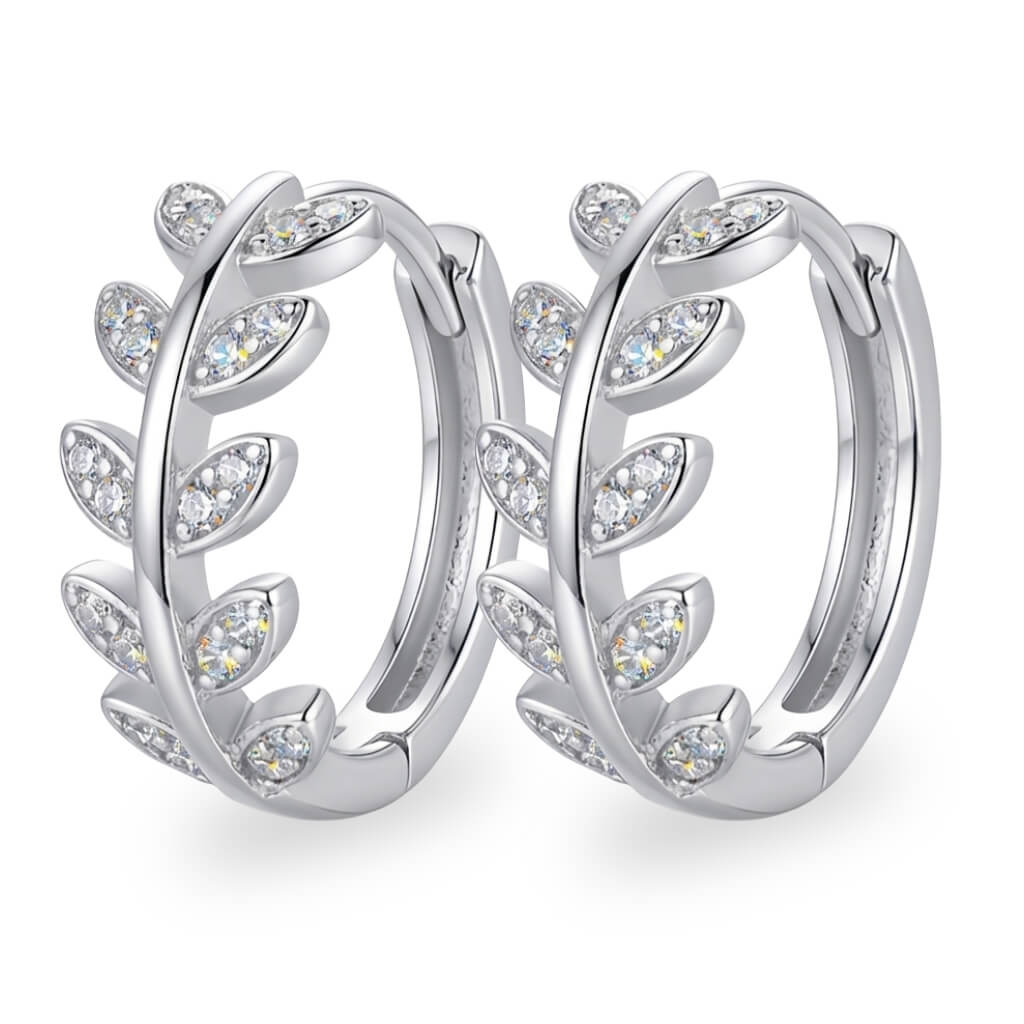 Brincos Argola de Prata Design Folha Cravejada Pequeno