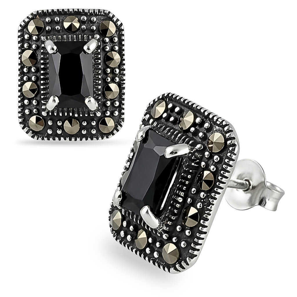 Brincos Marcassita Retangular Zircônia