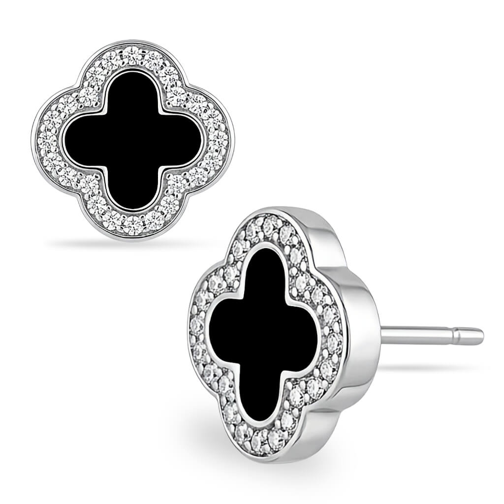 Brincos Trevo Onyx com Moldura de Cristais