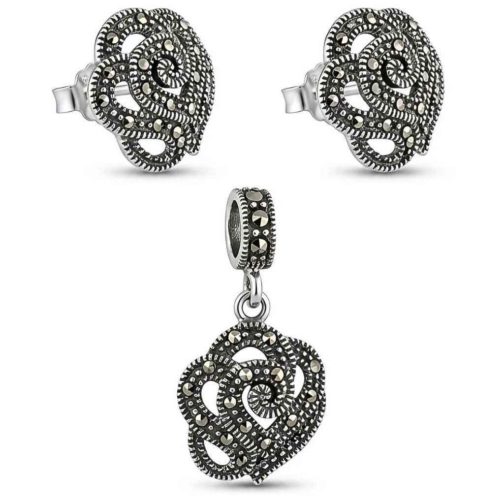 Conjunto Boho Chic com Pedras Marcassitas Pingente + Brincos