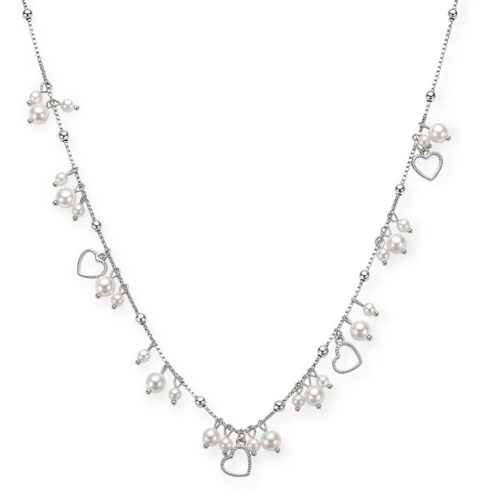 Colar Estilo Tiffany com Pérolas e Charms de Coração