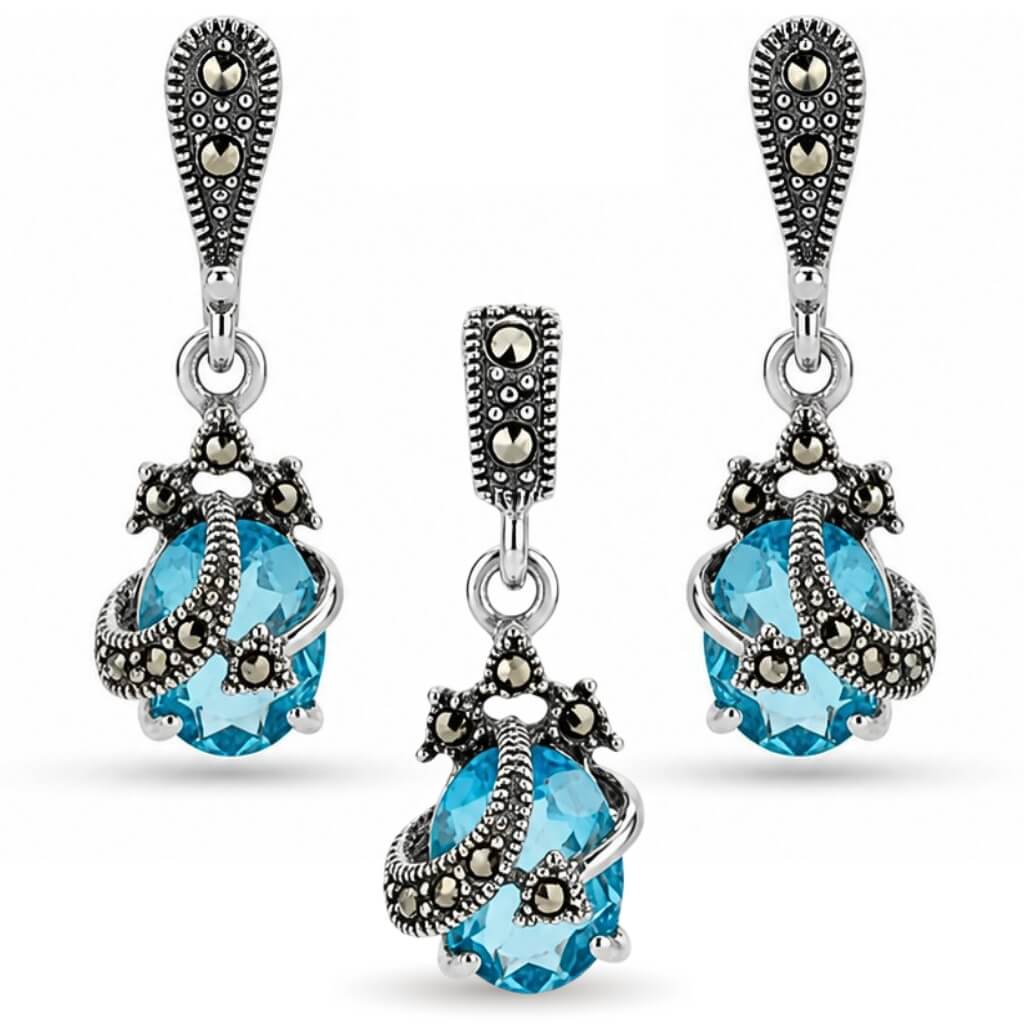 Conjunto Topázio Azul e Marcassita Celestial