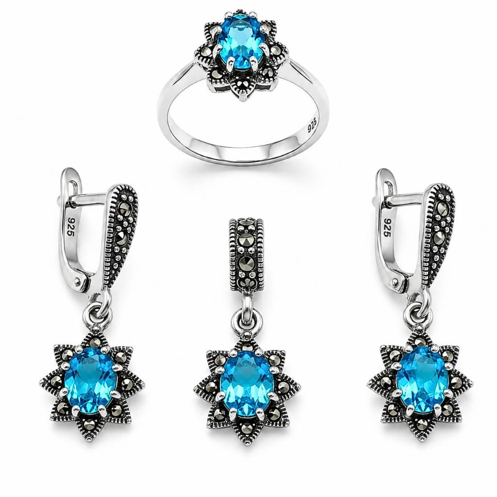 Conjunto Royal Azure em e Marcassitas Anel + Pingente + Brincos