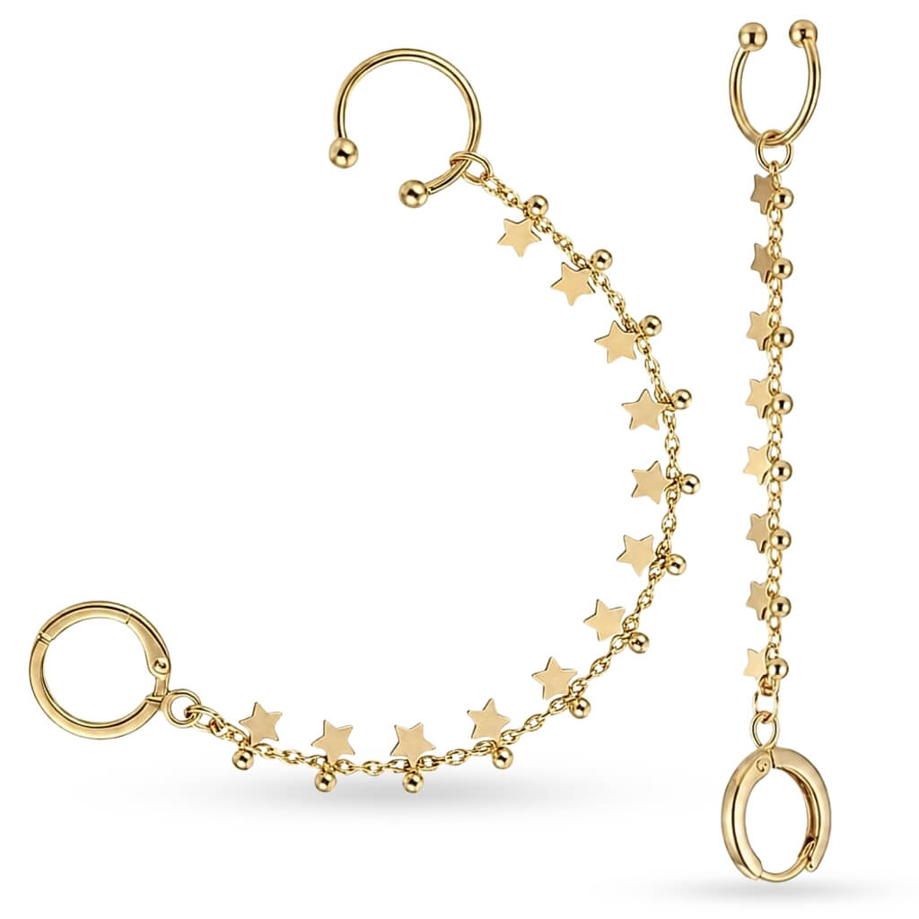 Brincos Conectado Argola e Piercing Estrelas