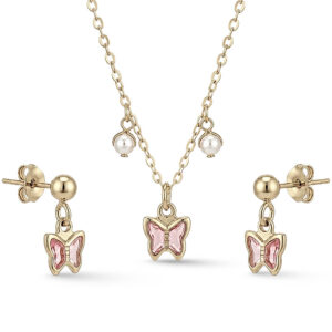 Conjunto Colar e Brincos Borboleta Rosa com Pérolas