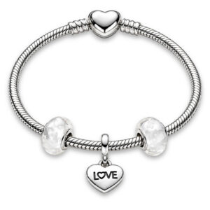 Pulseira de Berloques fecho Coração + Berloque Coração Love + Vidro Leitoso