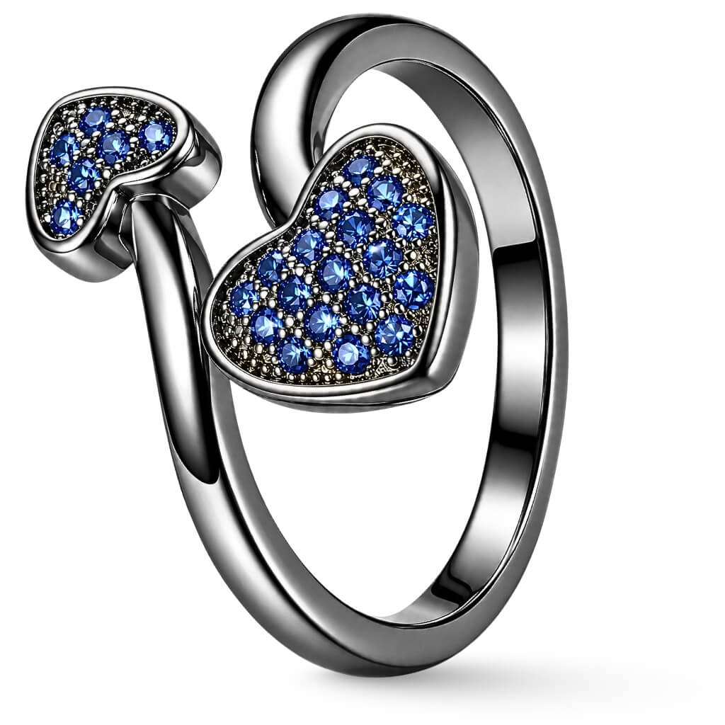 Anel Dois Corações com Zircónias Azul Safira