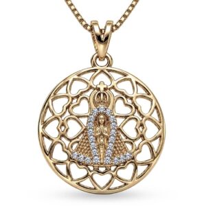 Colar Nossa Senhora Aparecida com Aro Rendilhado de Corações